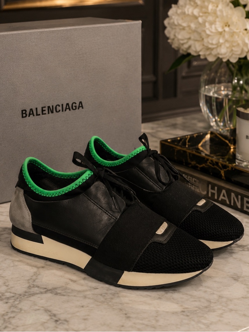 Balenciaga Race Runner Sneakers Black‎ Leather Mesh Neon Green IT 36 US 6